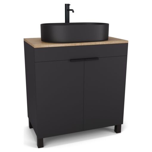 HD Paris Matt Black 80 álló mosdószekrény tölgyfa színű mosdópulttal és matt fekete elemekkel