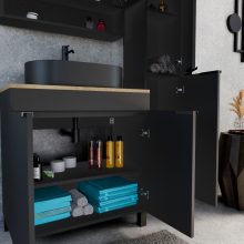 HD Paris Matt Black 80 álló mosdószekrény tölgyfa színű mosdópulttal és matt fekete elemekkel