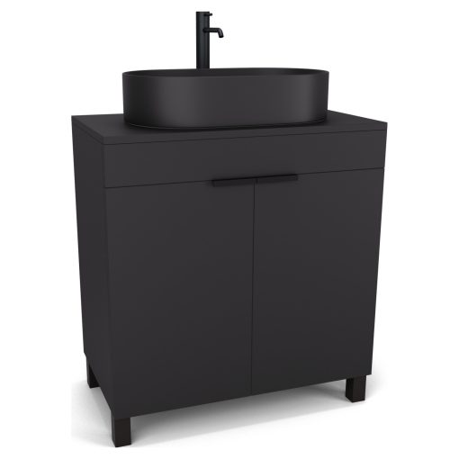 HD Paris Matt Black 80 álló mosdószekrény matt fekete mosdópulttal és matt fekete elemekkel