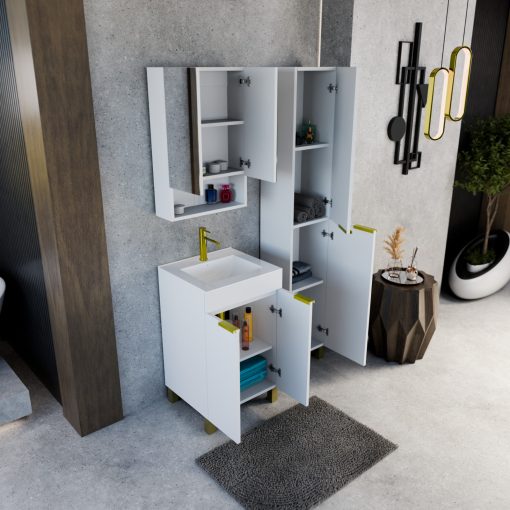 HD Paris Matt White 50 álló mosdószekrény szálcsiszolt arany elemekkel