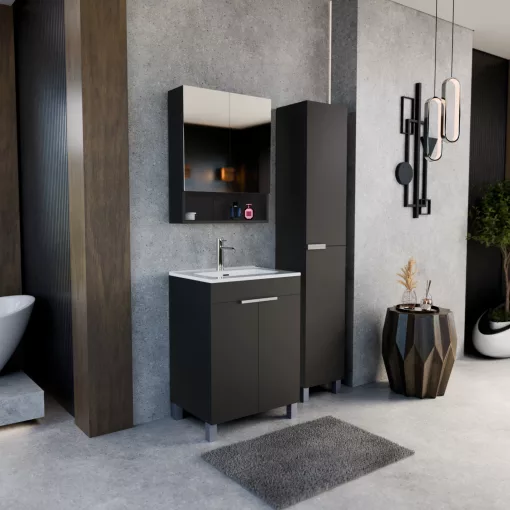 HD Paris Matt Black 60 álló mosdószekrény szálcsiszolt króm elemekkel