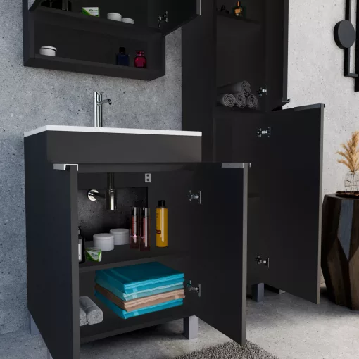 HD Paris Matt Black 60 álló mosdószekrény szálcsiszolt króm elemekkel