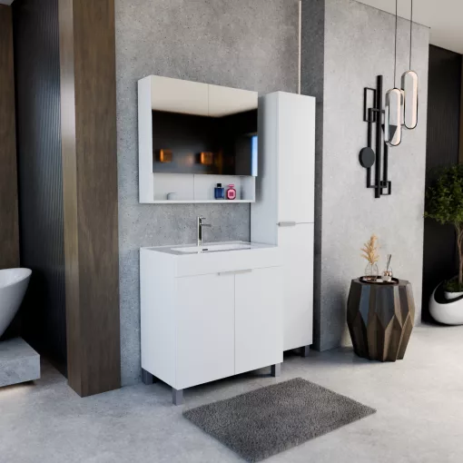 HD Paris Matt White 80 álló mosdószekrény szálcsiszolt króm elemekkel