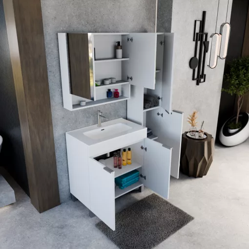 HD Paris Matt White 80 álló mosdószekrény szálcsiszolt króm elemekkel