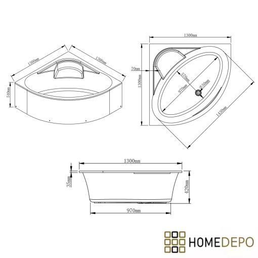 HD Sense 130x130 cm széles szimmetrikus íves akril sarokkád