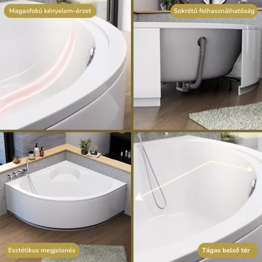 HD Sense 140x140 cm széles szimmetrikus íves akril sarokkád lábbal és előlappal