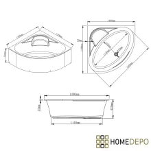 HD Sense 140x140 cm széles szimmetrikus íves akril sarokkád lábbal és előlappal