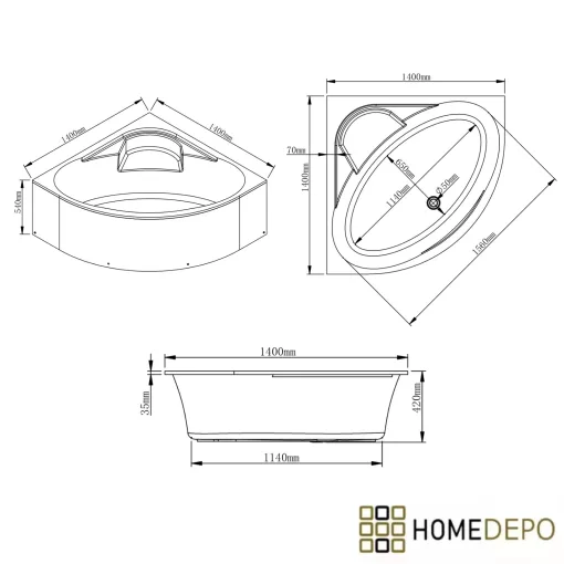 HD Sense 140x140 cm széles szimmetrikus íves akril sarokkád lábbal és előlappal
