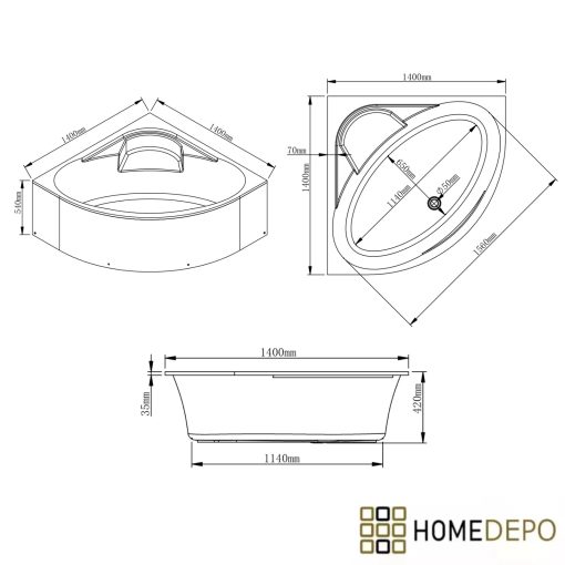 HD Sense 140x140 cm széles szimmetrikus íves akril sarokkád