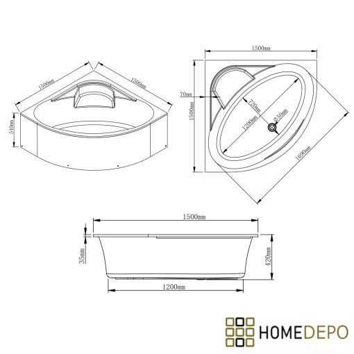 HD Sense 130x130/140x140/150x150 cm széles szimmetrikus íves akril sarokkád