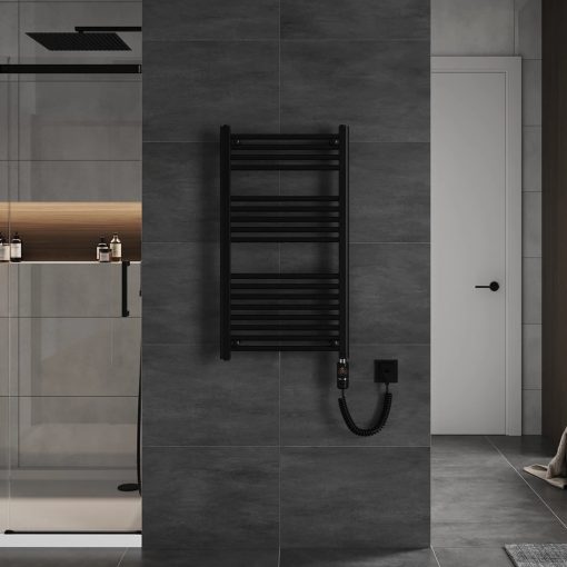 HD Standard Black 1000x500 mm egyenes elektromos törölközőszárító radiátor 400W-os fűtőpatronnal, matt fekete