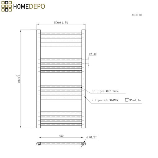 HD Standard Black 1000x500 mm egyenes elektromos törölközőszárító radiátor 400W-os fűtőpatronnal, matt fekete