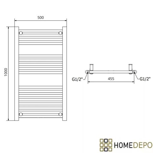 HD Standard Gold 1000x500 mm egyenes elektromos törölközőszárító radiátor 400W-os fűtőpatronnal, fényes arany