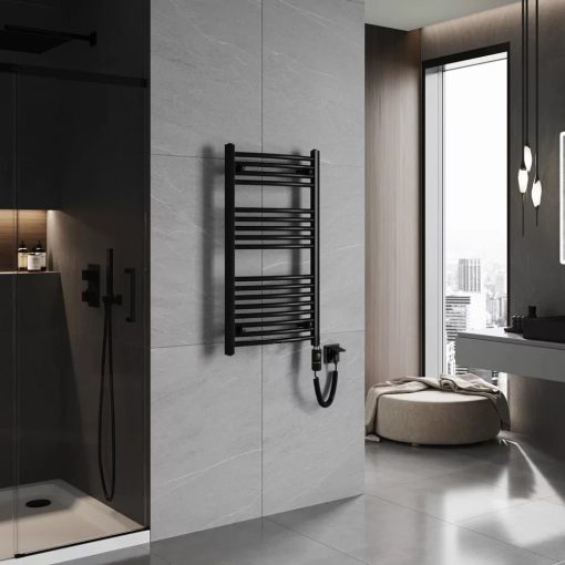 HD Standard Black 1000x500 mm íves elektromos törölközőszárító radiátor 400W-os fűtőpatronnal, matt fekete