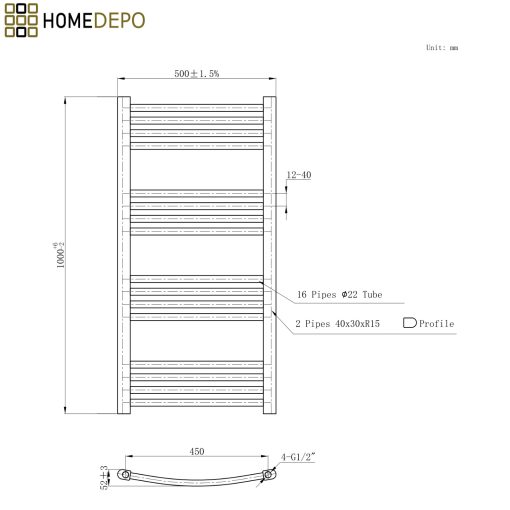 HD Standard Black 1000x500 mm íves elektromos törölközőszárító radiátor 400W-os fűtőpatronnal, matt fekete