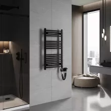 HD Standard Black 1000x500 mm íves smart elektromos törölközőszárító radiátor 400W-os wifi-s fűtőpatronnal, matt fekete