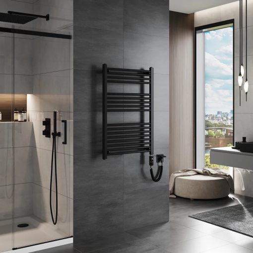 HD Standard Black 1000x600 mm egyenes elektromos törölközőszárító radiátor 400W-os fűtőpatronnal, matt fekete