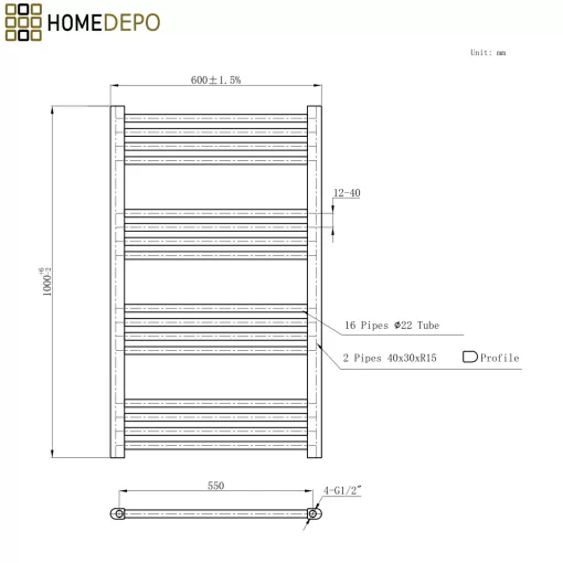 HD Standard White 1000x600 mm egyenes törölközőszárító radiátor, fényes fehér