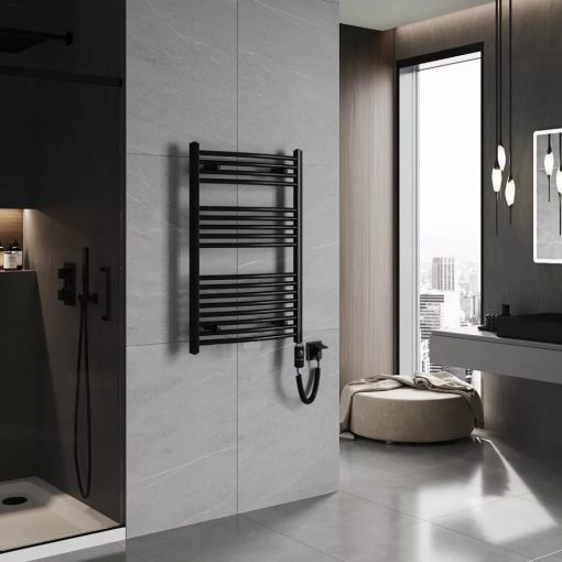 HD Standard Black 1000x600 mm íves elektromos törölközőszárító radiátor 400W-os fűtőpatronnal, matt fekete