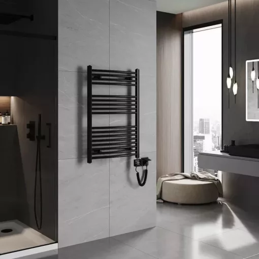 HD Standard Black 1000x600 mm íves smart elektromos törölközőszárító radiátor 400W-os wifi-s fűtőpatronnal, matt fekete