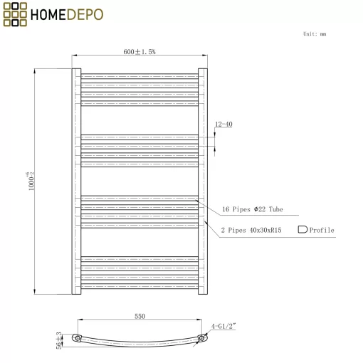 HD Standard Black 1000x600 mm íves smart elektromos törölközőszárító radiátor 400W-os wifi-s fűtőpatronnal, matt fekete