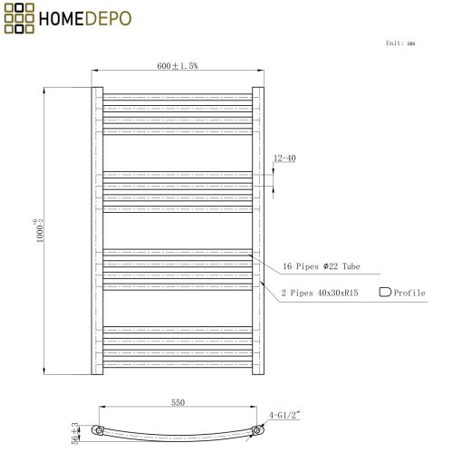 HD Standard White 1000x600 mm íves törölközőszárító radiátor, fényes fehér
