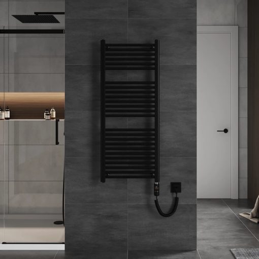 HD Standard Black 1200x500 mm egyenes elektromos törölközőszárító radiátor 400W-os fűtőpatronnal, matt fekete