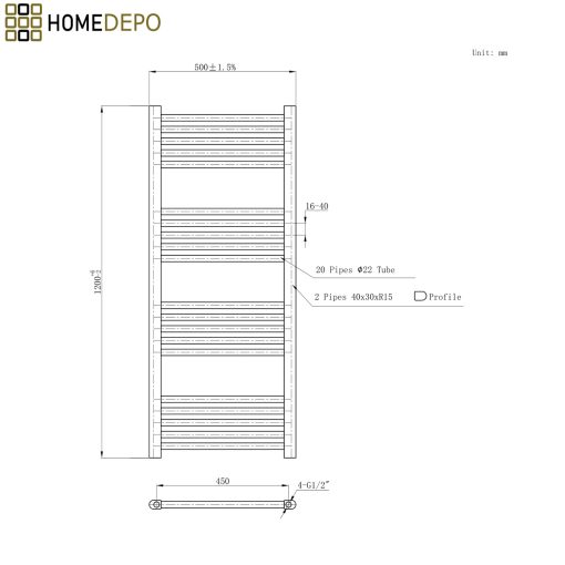 HD Standard Black 1200x500 mm egyenes elektromos törölközőszárító radiátor 400W-os fűtőpatronnal, matt fekete