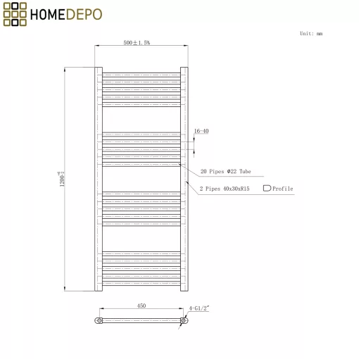 HD Standard Black 1200x500 mm egyenes smart elektromos törölközőszárító radiátor 400W-os wifi-s fűtőpatronnal, matt fekete