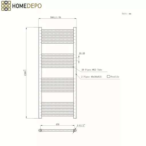 HD Standard Gold 1200x500 mm egyenes törölközőszárító radiátor, fényes arany