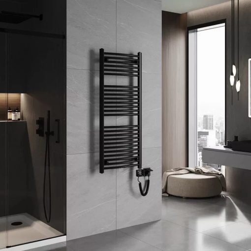 HD Standard Black 1200x500 mm íves smart elektromos törölközőszárító radiátor 400W-os wifi-s fűtőpatronnal, matt fekete