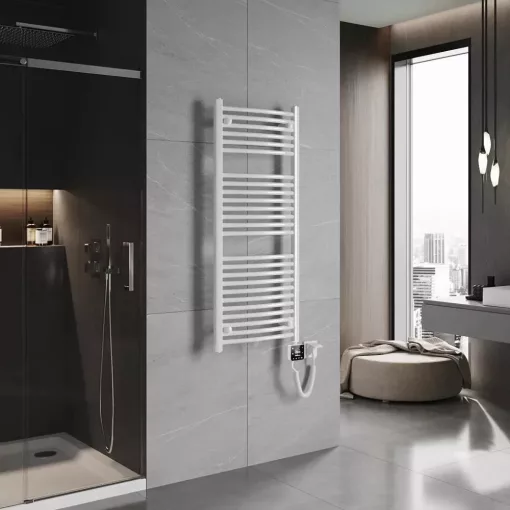 HD Standard White 1200x500 mm íves smart elektromos törölközőszárító radiátor 400W-os wifi-s fűtőpatronnal, fényes fehér