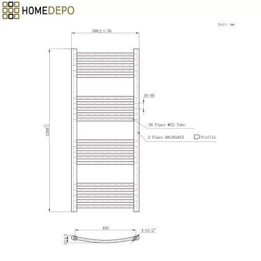 HD Standard White 1200x500 mm íves törölközőszárító radiátor, fényes fehér