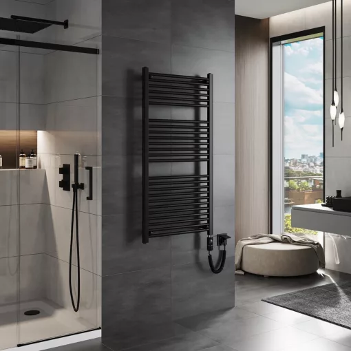HD Standard Black 1200x600 mm egyenes elektromos törölközőszárító radiátor 400W-os fűtőpatronnal, matt fekete
