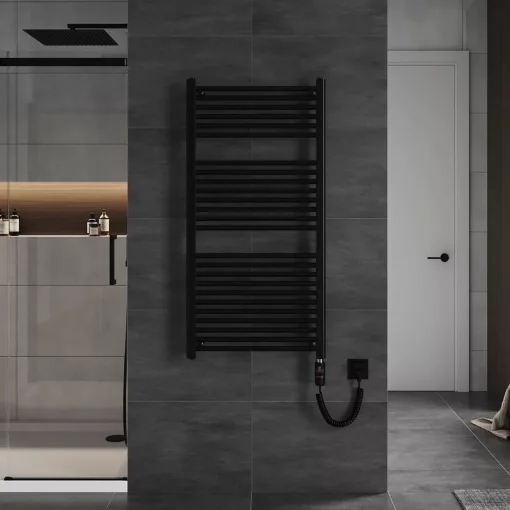 HD Standard Black 1200x600 mm egyenes elektromos törölközőszárító radiátor 400W-os fűtőpatronnal, matt fekete