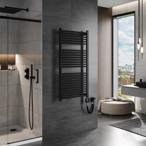 HD Standard Black 1200x600 mm egyenes smart elektromos törölközőszárító radiátor 400W-os wifi-s fűtőpatronnal, matt fekete