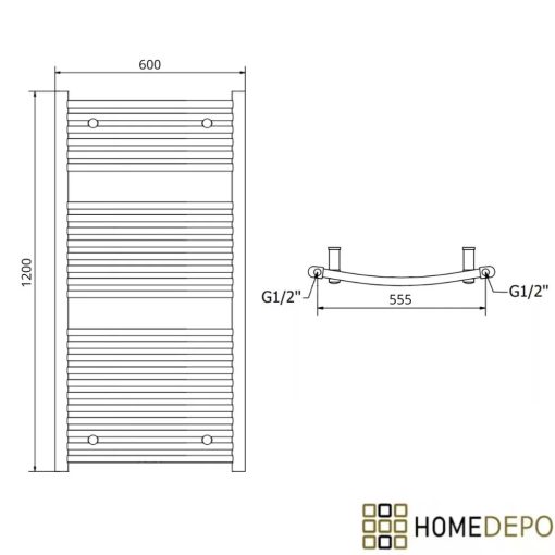HD Standard Gold 1200x600 mm egyenes elektromos törölközőszárító radiátor 400W-os fűtőpatronnal, fényes arany