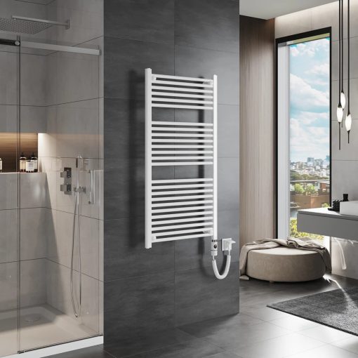 HD Standard White 1200x600 mm egyenes elektromos törölközőszárító radiátor 400W-os fűtőpatronnal, fényes fehér