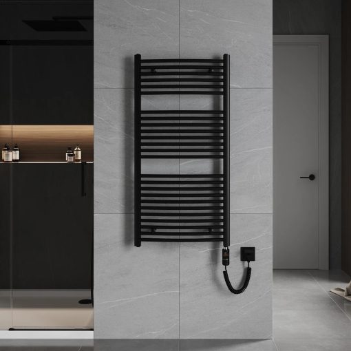 HD Standard Black 1200x600 mm íves elektromos törölközőszárító radiátor 400W-os fűtőpatronnal, matt fekete