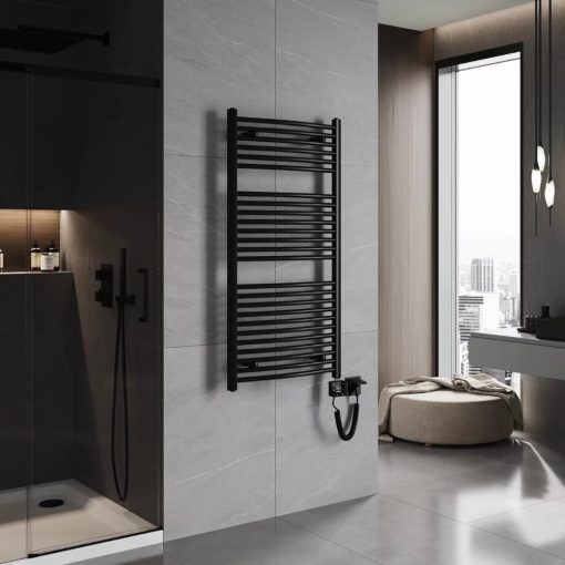 HD Standard Black 1200x600 mm íves smart elektromos törölközőszárító radiátor 400W-os wifi-s fűtőpatronnal, matt fekete