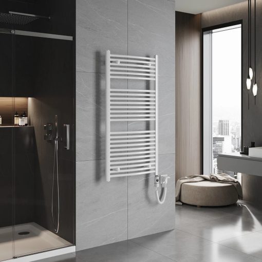 HD Standard White 1200x600 mm íves elektromos törölközőszárító radiátor 400W-os fűtőpatronnal, fényes fehér