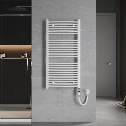 HD Standard White 1200x600 mm íves elektromos törölközőszárító radiátor 400W-os fűtőpatronnal, fényes fehér