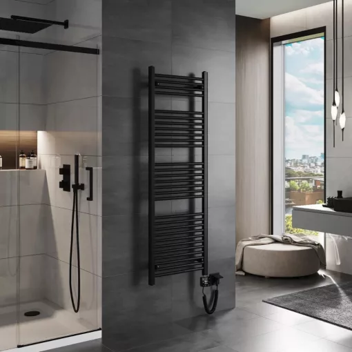 HD Standard Black 1400x500 mm egyenes smart elektromos törölközőszárító radiátor 400W-os wifi-s fűtőpatronnal, matt fekete