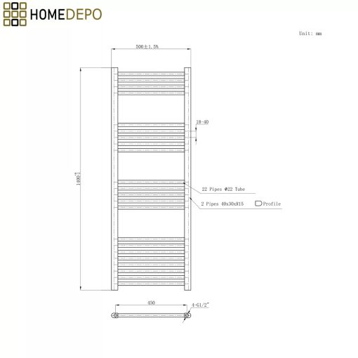 HD Standard Gold 1400x500 mm egyenes elektromos törölközőszárító radiátor 400W-os fűtőpatronnal, fényes arany