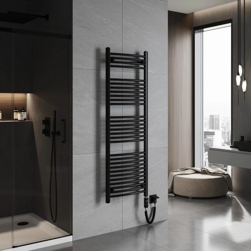 HD Standard Black 1400x500 mm íves elektromos törölközőszárító radiátor 400W-os fűtőpatronnal, matt fekete