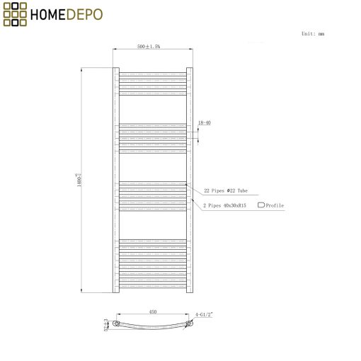 HD Standard Black 1400x500 mm íves elektromos törölközőszárító radiátor 400W-os fűtőpatronnal, matt fekete