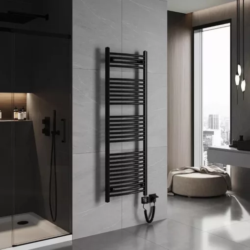 HD Standard Black 1400x500 mm íves smart elektromos törölközőszárító radiátor 400W-os wifi-s fűtőpatronnal, matt fekete