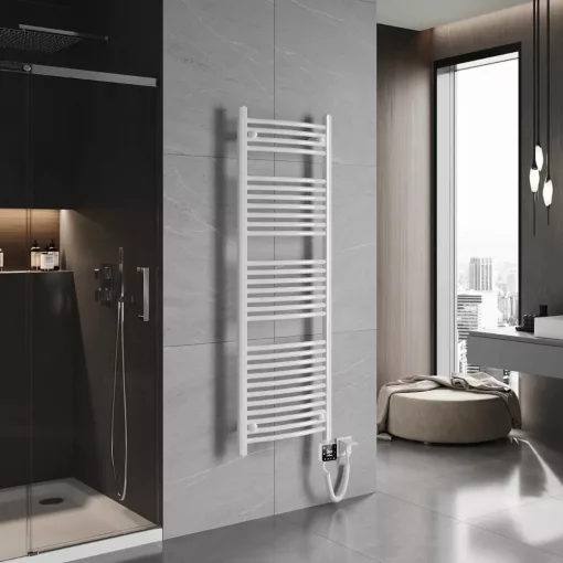 HD Standard White 1400x500 mm íves smart elektromos törölközőszárító radiátor 400W-os wifi-s fűtőpatronnal, fényes fehér