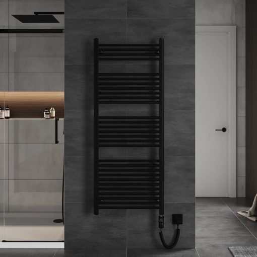 HD Standard Black 1400x600 mm egyenes elektromos törölközőszárító radiátor 600W-os fűtőpatronnal, matt fekete