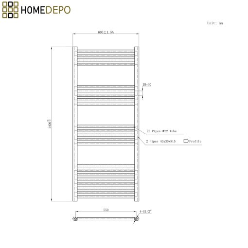 HD Standard Black 1400x600 mm egyenes elektromos törölközőszárító radiátor 600W-os fűtőpatronnal, matt fekete